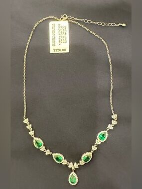 Green Teardrop Cubic Zirconia Necklace - Silver Tone-NWT
